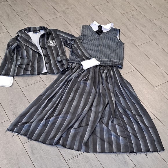 Wednesday Stylish Kids Striped Costume Set with Jacket - Picture 1 of 12